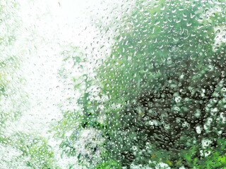 With selective focus on water drops of rain falls on windshield with blurred green trees background and copy space for text on fresh nature