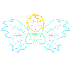 cute praying winged baby, angel with big wings
