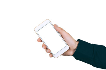 Mock Up Smartphone Isolate in hand man - Closeup, On a white background.