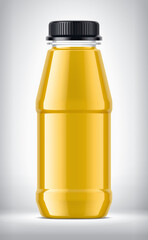 Plastic Bottle on background with Orange Juice. 