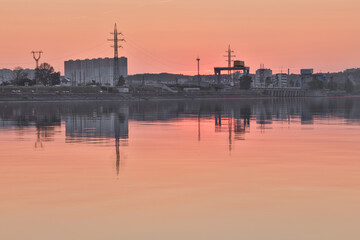 Sunset on the Kyiv Sea with the view on the electric power station