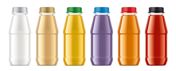 Set of Plastic Bottles with non-transparent drinks. 