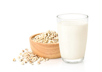 Glass of Job's tears ( Adlay millet) cereal beverage with seeds isolated on white background