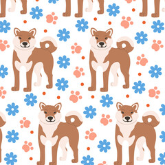 Shiba Inu dog pattern with paw silhouette and flowers. Cute repeating picture for home pet print. Vector hand drawing.