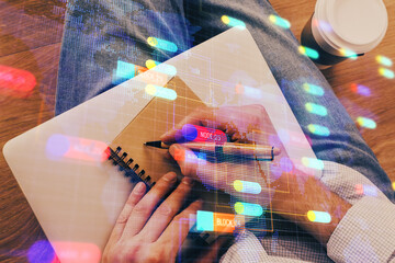 Writing human hands with data theme multi exposure icons.