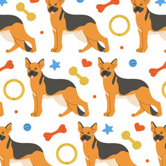 Shepherd dog pattern with dog accessories. Cute domestic pet vector illustration.