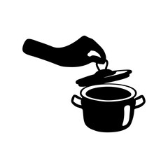 Pan icon. Cookware. Hand holding a lid. Big utensil with lid for boiling. Flat Kitchen element and soup preparation.