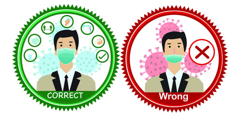 Two men showing how to wearing protective mask correctly.How to wear a face mask correct and wrong.