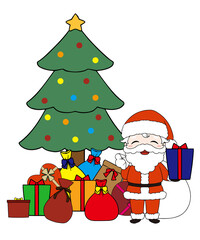サンタクロースとクリスマスツリーとプレゼントの山