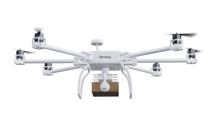 UAV drone delivery services with brown post package isolated on white background. clipping part. 3d render.
