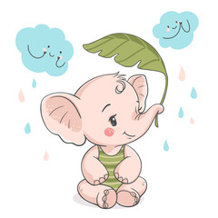 Lovely baby elephant with palm leaf, vector illustration.
