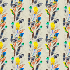 Watercolor feathers seamless pattern. Hand painted texture