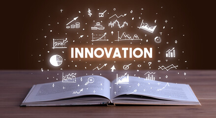 INNOVATION inscription coming out from an open book, business concept