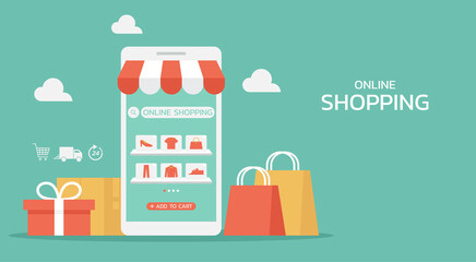 online shopping on mobile app concept with shopping bag, gift, box, and icon, digital store on the smartphone with fashion clothes, web and banner, vector flat illustration