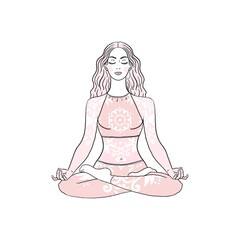 Young Beautiful meditating Yoga woman in lotus yoga pose on ornamental background. Black and white linear stock illustration. Logo for yoga studio.