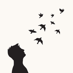 Man with flock of birds.