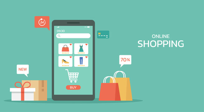 online shopping promotion sale on mobile, e-commerce and digital marketing on smartphone with shopping bag and gift box, web and banner, vector flat illustration