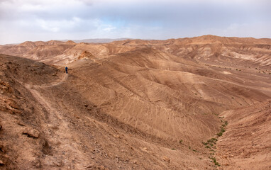 Fototapeta na wymiar Male hiker on the trail in the remote part of the Judean Desert, Israel. Desert landscape with hills, natural terraces with escarpments, dry wadies and rock formation of the Judean Desert.