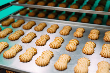 Shortbread.  Production of shortbread cookies at a confectionery factory.  Shortbread cookies on a metal rack after baking in the oven.