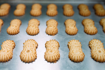 Shortbread.  Production of shortbread cookies at a confectionery factory.  Shortbread cookies on a metal rack after baking in the oven.
