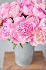 Beautiful Pink peony flower for catalog or online store. Floral shop concept . Beautiful fresh cut bouquet. Flowers delivery