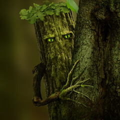 Green Man - ancient celtic folklore mythology character as a mossy tree with green eyes, leafy hair and branch hand