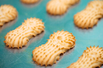 Shortbread.  Production of shortbread cookies at a confectionery factory.  Shortbread cookies on a...