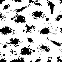 Vector black and white seamless pattern with ink splash, blot and brush stroke spot spray smudge, spatter, splatter, drip, drop, ink smudge smears Grunge textured elements design background.