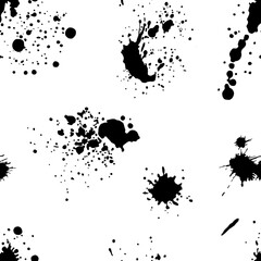 Vector black and white seamless pattern with ink splash, blot and brush stroke spot spray smudge, spatter, splatter, drip, drop, ink smudge smears Grunge textured elements design background. - 378937058