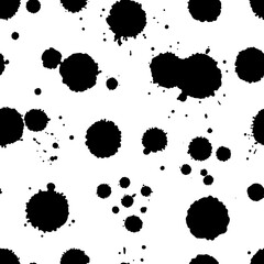 Vector black and white seamless pattern with ink splash, blot and brush stroke spot spray smudge, spatter, splatter, drip, drop, ink smudge smears Grunge textured elements design background.