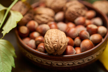 autumn still life in rustic style as a background - leaves, vegetables and fruits, nuts and other natural food ingredients on wooden boards