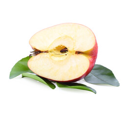 still life of two whole red apples and one cut in half on white background
