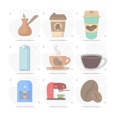 coffee vector flat illustration on white background, cup, beans. Coffee to go, coffee maker, turka. milk box