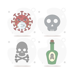 Skull and crossbones with poison bottle and coronavirus vector flat illustration on white background, covid-19