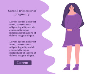 Fototapeta na wymiar Second trimester of pregnancy. Happy woman expecting a baby. Vector illustration with place for your text.