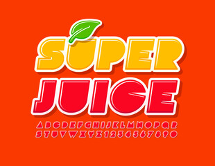 Vector refreshment sign Super Juice with Leaf. Creative Red Font. Bright Alphabet Letters and Numbers set