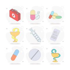 medical drugs, tablet, pills, first aid kit, injection, syringe medical sign vector flat illustration on white background