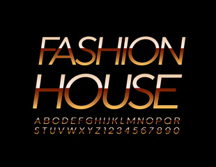 Vector elegant logo Fashion House. Elite chic Font. Luxury Gold Alphabet Letters and Numbers set