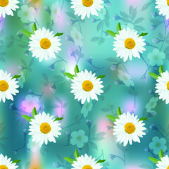 Daisy. Chamomile flowers on abstract floral background, seamless texture, vector.