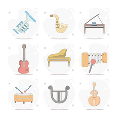 musical instruments vector flat illustration on white background, drums, grand piano, dulcimer, Barbitos, violin, trumpet, saxophone