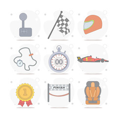 racing car, helmet, racing flag, medal, racing vector flat illustration on white background