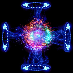 Ringlichter sind durch eine Rauchsäule verbunden.