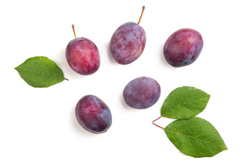 Fresh, juicy fruits. Blue plum fruits with leaves on a white isolated background. Agricultural products. Flat lay.
