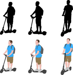 Naklejka premium man riding electric scooter silhouettes and color illustration - vector