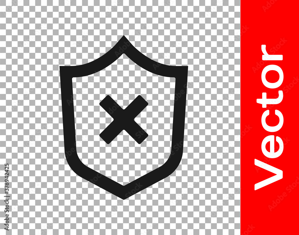 Poster black shield with cross mark icon isolated on transparent background. shield and rejected. notice of