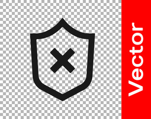 Black Shield with cross mark icon isolated on transparent background. Shield and rejected. Notice of refusal.  Vector.