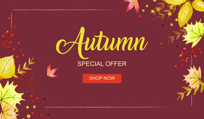 Autumn sale banner vector template with fall leaves and foliage. Editable text showing special discount offer.