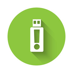 White USB flash drive icon isolated with long shadow. Green circle button. Vector.