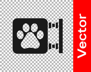 Black Veterinary clinic symbol icon isolated on transparent background. Cross hospital sign. A stylized paw print dog or cat. Pet First Aid sign. Vector.