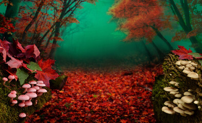 Autumn forest landscape, red leaves in blue turquoise mist. Fall in misty woods